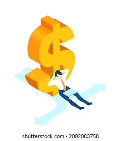 Successful businessman working next to Dollar sign, finance, banking, investment strategy concept. Isometric 3D business environment. Business management, advising and assuring idea