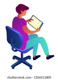 Successful businessman working on tablet sitting on chair, tiny people isometric 3D illustration. Manager and break, office life and staff, busy employee concept. Isolated on white background.