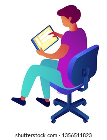 Successful businessman working on tablet sitting on chair, tiny people isometric 3D illustration. Manager and break, office life and staff, busy employee concept. Isolated on white background.