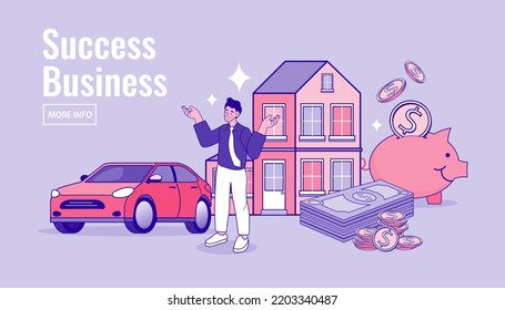 Successful businessman. young man inherited a house, a car and money. Daydreaming, future financial plan concept. young man smiling happy profit growth. vector illustration