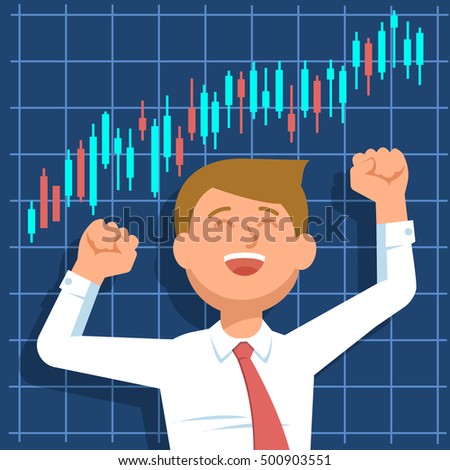 Successful businessman young trader with hands raised on background of blue computer screen with stock market graph diagram information. Vector illustration of happy trader success