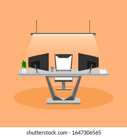 Successful businessman's office, wide desk and two monitors on warm orange background.