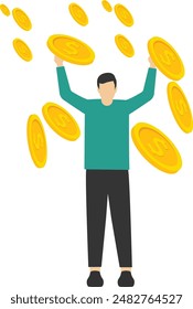 Successful businessmen achieve financial freedom, income or salary increase or career opportunity, a happy millionaire with lots of money and wealth, happy businessman jumping high with money rain.