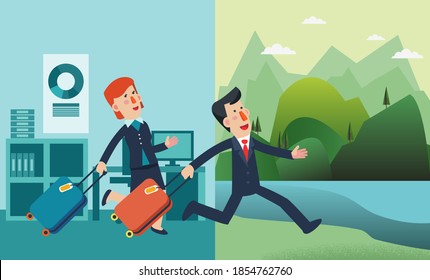 Successful businessmen and business woman with suitcase. Business people vacation. Holidays time, recreation, travel and relaxation vector design. Mountain landscape background
