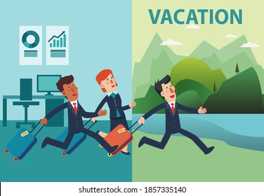 Successful businessmen and business woman with suitcase. Business people vacation. Holidays time, recreation, travel and relaxation vector design. Mountain landscape background
