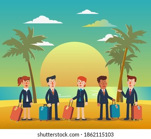 Successful businessmen and business women with suitcases. Business people vacation. Holidays time, recreation, travel and relaxation vector design. Beach sunset background