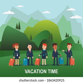 Successful businessmen and business women with suitcases. Business people vacation. Mountain landscape background