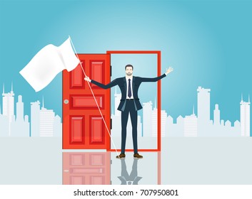 Successful businessmen in the City in front of the red door, represents opportunities and professional career. Business concept illustration