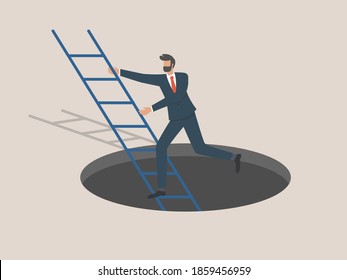 Successful businessmen escape out of the dark cave using a ladder, successful businessmen out of adversity.