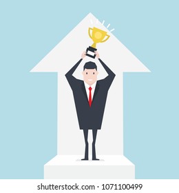 Successful businessmen holding trophies with graphs grow up. vector