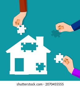 Successful Businessmen Join The House Puzzle. Concept Of Cooperation