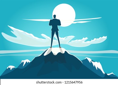 Successful businessmen on top of the mountain looking at sunset. achievement, professionalism and success concept illustration