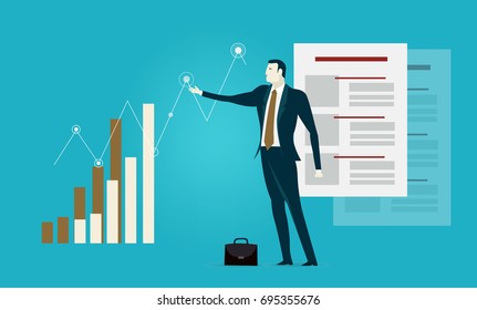 Successful businessmen at the presentation against of growth charts, diagrams and information screen. Business concept illustration.