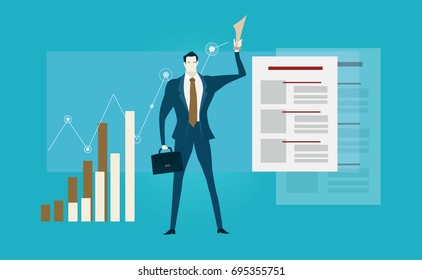 Successful businessmen at the presentation against of growth charts, diagrams and information screen. Business concept illustration.
