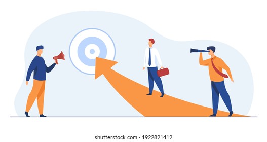 Successful businessmen reaching target. Manager, arrow, goal flat vector illustration. Achievement and success concept for banner, website design or landing web page