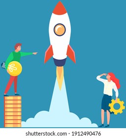 Successful businessmen stand with light bulb on pile of golden coins near flying rocket on blue background. Concept of creative idea or inspiration, business start up. New achievements of entrepreneur