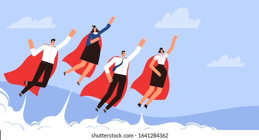 Successful businessmen superheroes fly in the sky in red cloaks. Concept of an energetic team of businessmen.