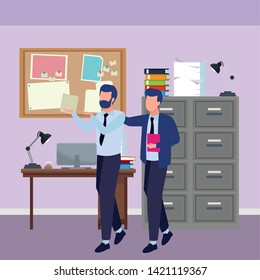 Successful businessmen working with office documents inside office with computer and cabinet background, vector illustration.