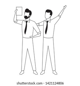 Successful businessmen working with office documents in black and white isolated faceless avatar vector illustration graphic design