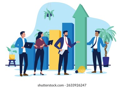 Successful businesspeople with rising chart - Team or group of people working in business standing with diagram and green arrow pointing up. Growth and financial success concept in flat design