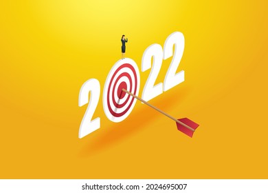 Successful businesswoman achieve of goals for 2022 from, archery hitting bull eyes of target , business challenge and financial concept. vector illustration