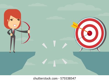 successful businesswoman aiming target with bow and arrow