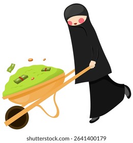 Successful Businesswoman arab or muslimah Carrying Wheelbarrow Full of Money Wealth and Financial Freedom Concept
