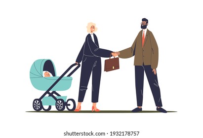 Successful businesswoman with baby stroller meeting with business partners. Happy mother with child at work. Choosing between family and career concept. Flat vector illustration