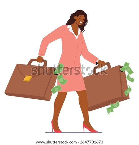 Successful businesswoman cartoon character carrying huge briefcases filled money cash isolated on white background. Return of investment, fast profit and financial wealth vector illustration