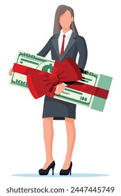 Una exitosa mujer de negocios celebra la victoria sosteniendo Paquete dólar con cinta y arco. Éxito empresarial, triunfo, meta o logro. Ganadora de la competición. estilo plano de Ilustración vectorial