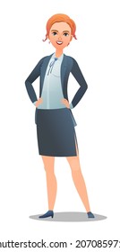Successful businesswoman. Cheerful persons in standing pose. Woman in business suit and tie. Cartoon comic style flat design. Separate character. Illustration isolated on white background. Vector