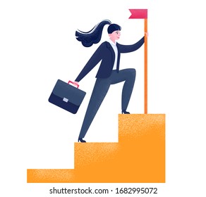 Successful businesswoman climbed up the career ladder. Feminists power. Vector stock illustration isolated on white background. Business woman in a flat style. A woman in suit sets the flag. Stairs up