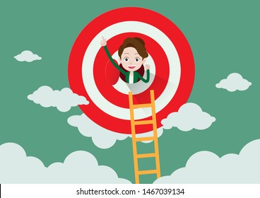 Successful businesswoman climbed in to the goal target on sky, Cartoon vector illustration