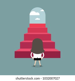 Successful businesswoman climbing steps. Back view. Career ladder, stairs, success