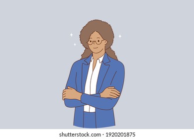 Successful businesswoman concept. Portrait of smiling young african american business woman worker in blue suit and glasses standing with hands crossed looking at camera illustration