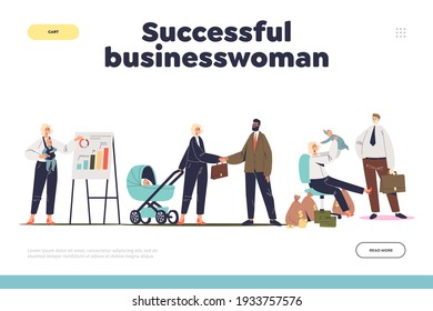 Successful businesswoman concept of set of landing pages with lady boss kids on work: on meeting, during presentation and at workplace. Cartoon flat vector illustration