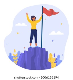 Successful businesswoman concept. The woman climbed the mountain. A metaphor for hard work and achieving your goals. Cartoon modern flat vector illustration isolated on a white background