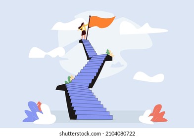 Successful businesswoman as confident female work leader tiny person concept. Career professional achievement top and future ambition vector illustration. Corporate progress peak for boss woman.