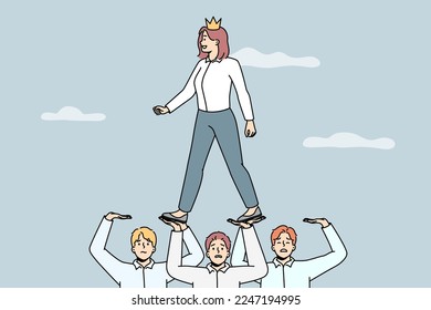 Successful businesswoman in crown walking on employees strive for business achievement. Female employer or boss use colleagues for work accomplishment. Vector illustration. 