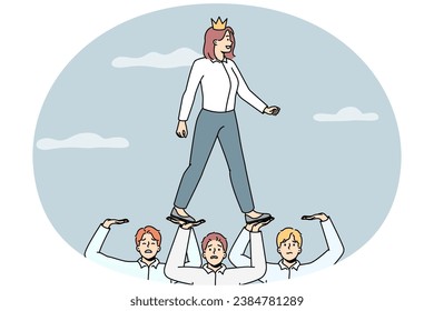 Successful businesswoman in crown walking on employees strive for business achievement. Female employer or boss use colleagues for work accomplishment. Vector illustration.