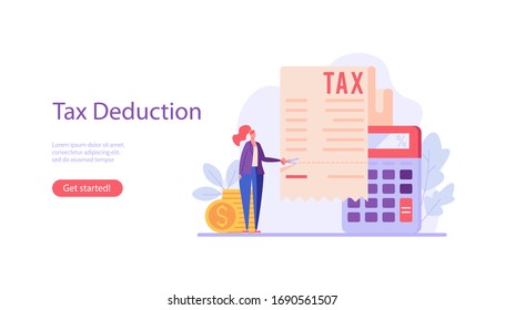 Successful businesswoman cuts heavy taxes with scissors. Tax deduction. Concept of tax return, optimization, duty, financial accounting. Vector illustration in flat design for UI, banner, mobile app
