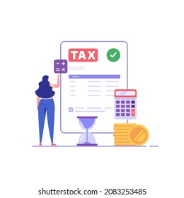 Successful businesswoman cuts heavy taxes with scissors. Tax deduction. Concept of tax return, optimization, duty, financial accounting. Vector illustration in flat design for UI, banner, mobile app