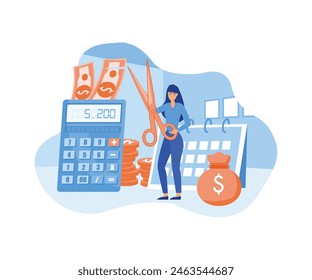 Successful businesswoman cuts heavy taxes with scissors. Tax deduction. Concept of tax return, optimization, duty, financial accounting. flat vector modern illustration