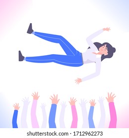 Successful businesswoman or employee of the month concept. Young woman being thrown into the air by her teammates or colleagues, celebration of success hands up vector illustration