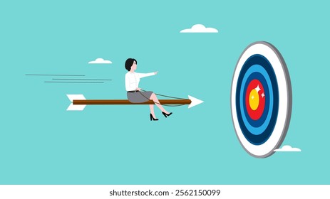 successful businesswoman flying on arrow going to target illustration suitable to describe about business growth, business objective, business achievement or target, motivation to achieve goal