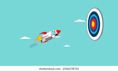 successful businesswoman flying on rocket going up to target illustration suitable to describe about business growth, financial growth, new business or start up, business achievement or target