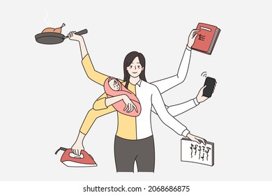 Successful Businesswoman And Good Young Mother Multitask Manage Parenthood And Work. Smiling Confident Mom And Worker Balance. Career And Motherhood Concept. Vector Illustration.