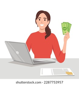 Successful businesswoman with green banknote money fan making thumbs up gesture sitting on office desk with laptop. Flat vector illustration isolated on white background