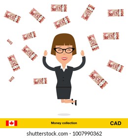 Successful businesswoman happy to earn a lot of money. Canadian dollar banknote vector illustration.