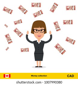 Successful businesswoman happy to earn a lot of money. Canadian dollar banknote vector illustration.